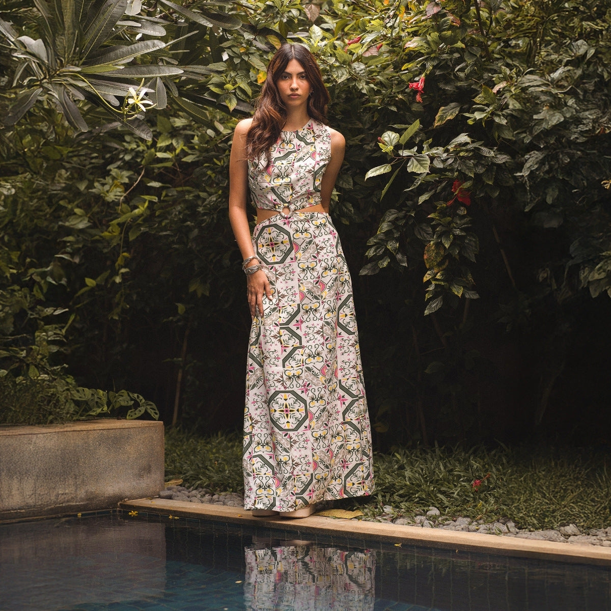 green emerald velvet dress Green Tile Print Sleeveless Maxi Dress with Cut-Outs