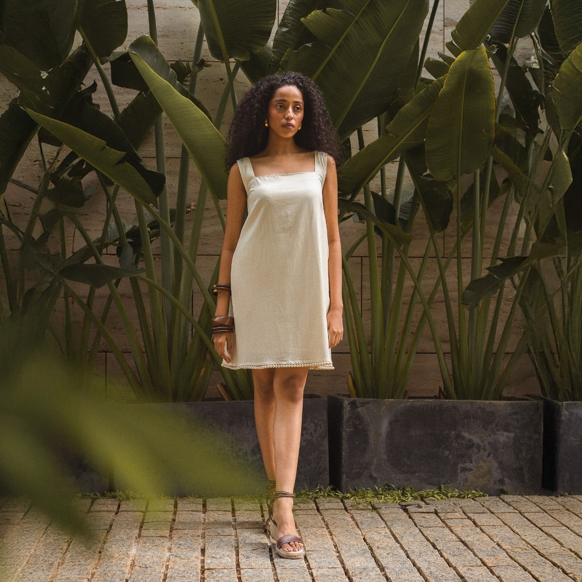 Buy Beige A-Line Mini Dress with Pearl Details | Endless Affair Buy Beige A-Line Mini Dress with Pearl Details | Endless Affair