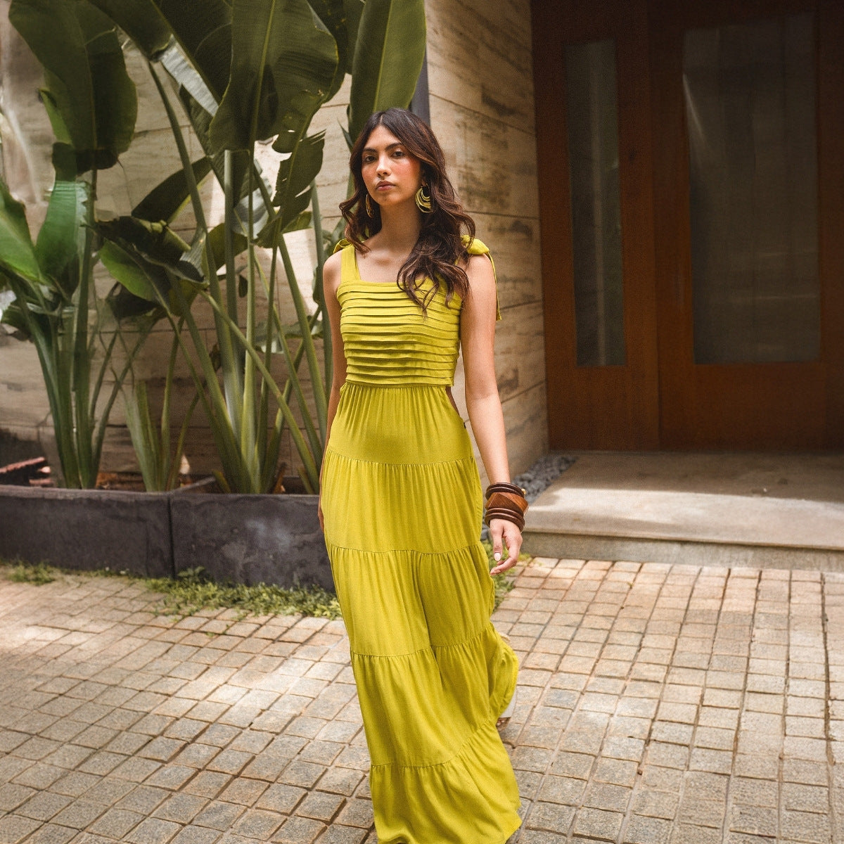 Lime Green Maxi Dress with Tie-Up Straps for Women | Endless Affair Lime Green Maxi Dress with Tie-Up Straps for Women | Endless Affair