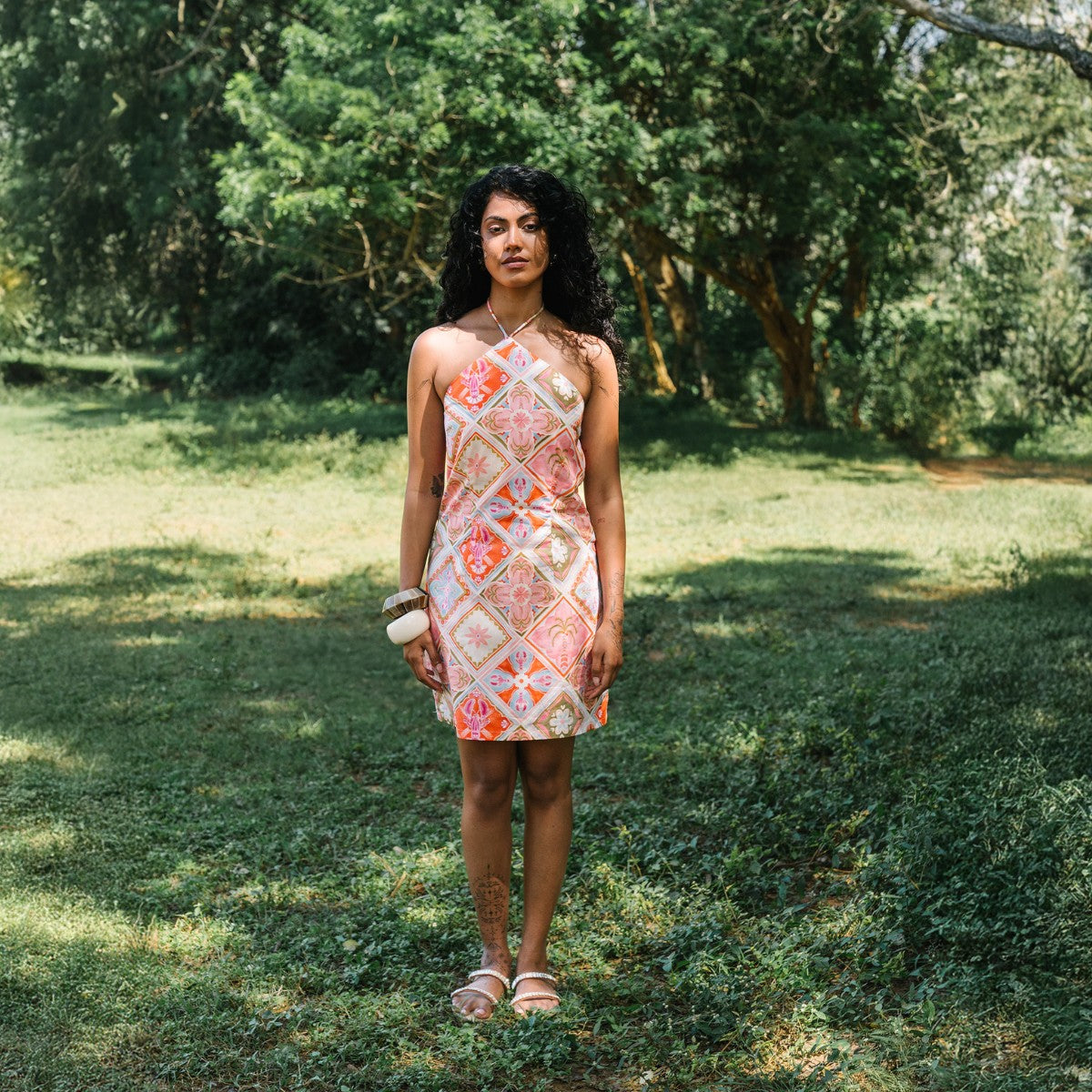 Buy Pink Tile Halter Cotton Mini Dress – Breathable Summer Wear